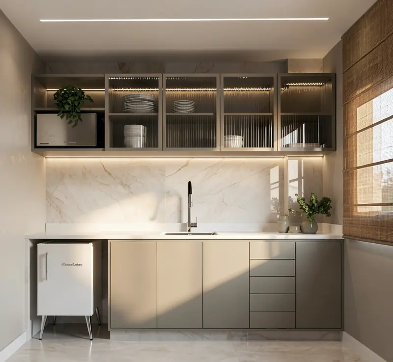 Cozinha planejada com backsplash em mármore e armários ripados