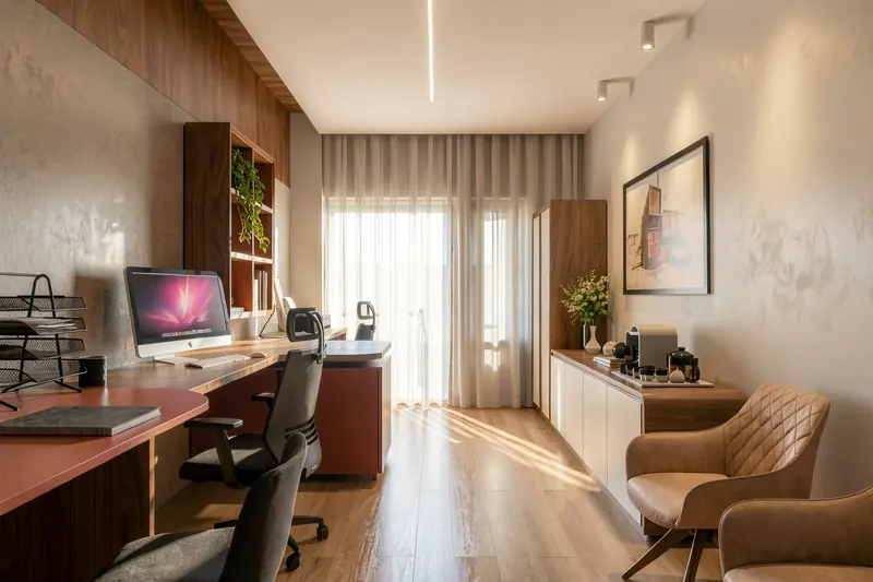 Home office residencial com bancada linear e poltronas de leitura