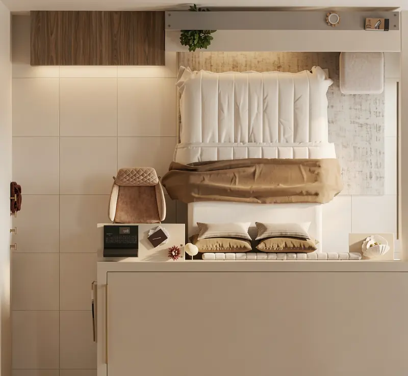 Planta humanizada de quarto com bancada e nichos