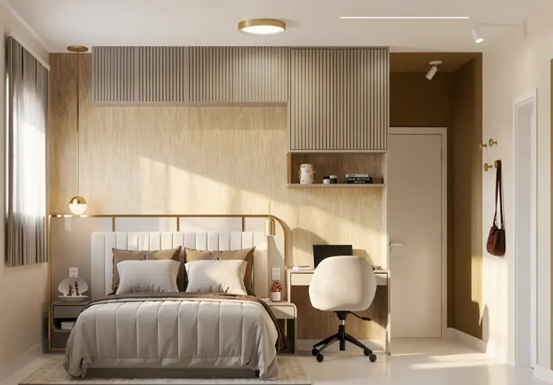 Quarto planejado com ripado, home office integrado e cabeceira estofada