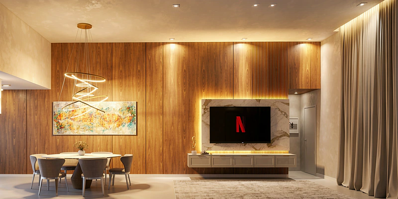 Sala de estar à noite com painel ripado iluminado e mesa de jantar