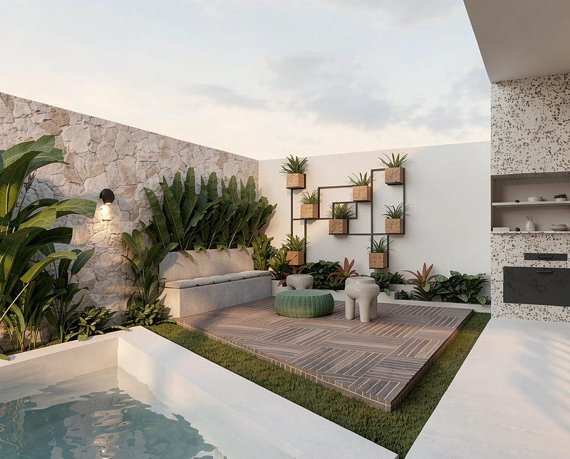 Deck de madeira com jardim vertical, banco de concreto e piscina