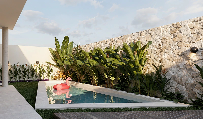 Piscina com muro em pedra, paisagismo tropical e deck