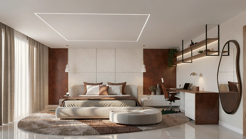 Suíte master com cama arredondada, parede revestida e closet integrado