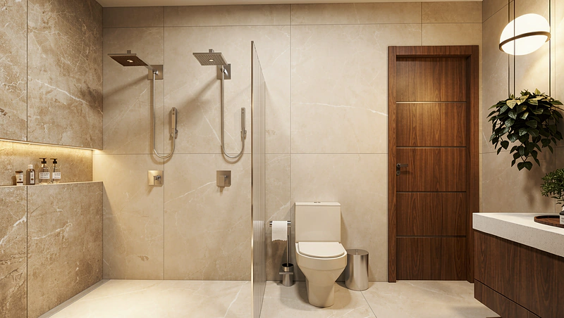 Banheiro com ducha dupla, box de vidro e porta em madeira