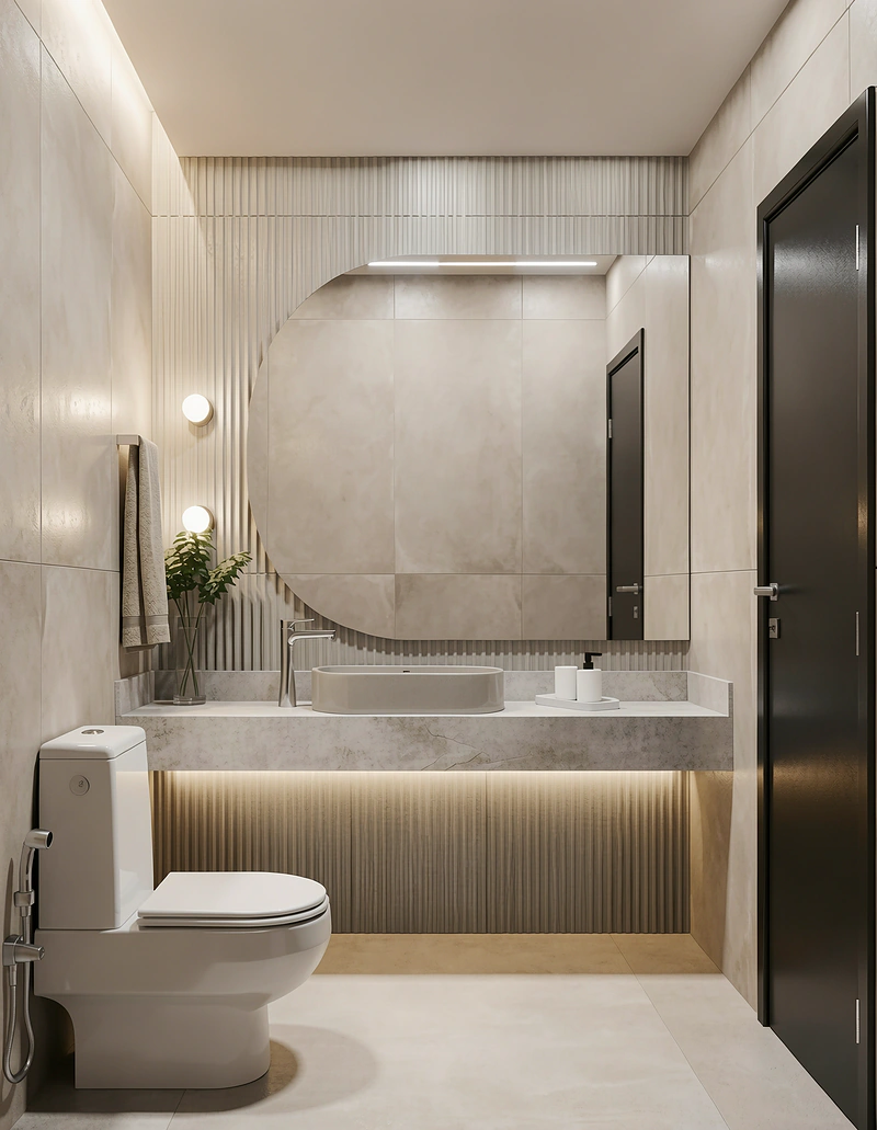 Lavabo com painel ripado, espelho meia-lua e bancada iluminada