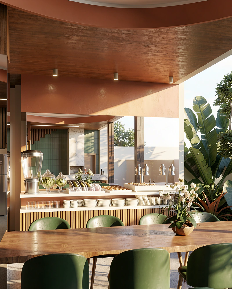 Bar ao ar livre com buffet, mesa comunitária e cadeiras verdes