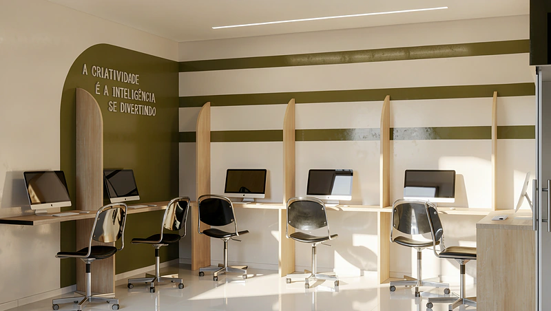 Espaço de coworking com estações individuais e divisórias em madeira