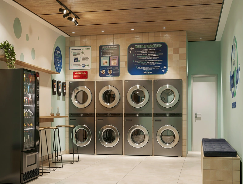 Lavanderia self-service com máquinas industriais e bancada alta
