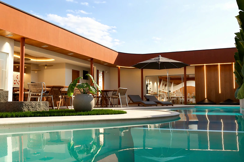 Área de lazer com piscina, ombrelones e varanda coberta