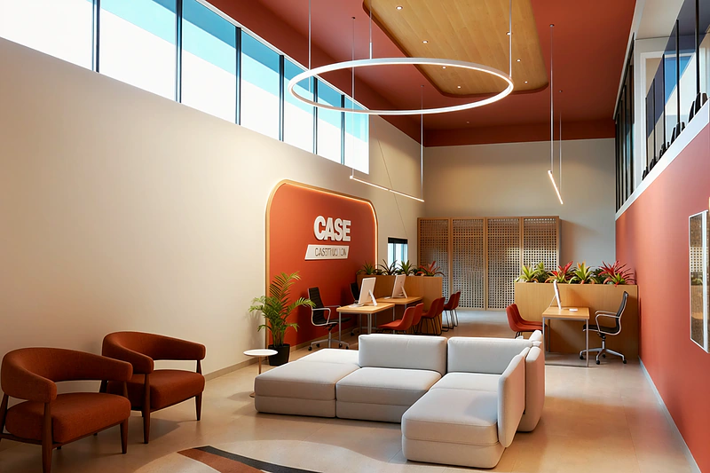 Recepção com pé-direito duplo, parede em terracota e lounge de espera