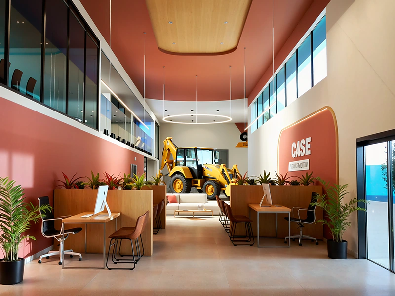 Showroom com pé-direito duplo, estações de atendimento e máquina em exposição