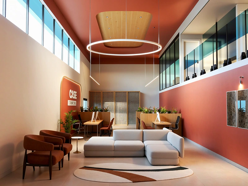 Lounge de espera com sofá modular, poltronas e luminária circular