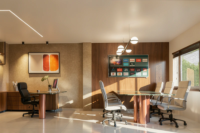 Sala de diretoria com mesa de vidro, painel de TV e marcenaria amadeirada