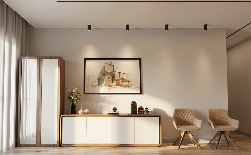 Recepção com aparador, poltronas de espera e quadro em destaque
