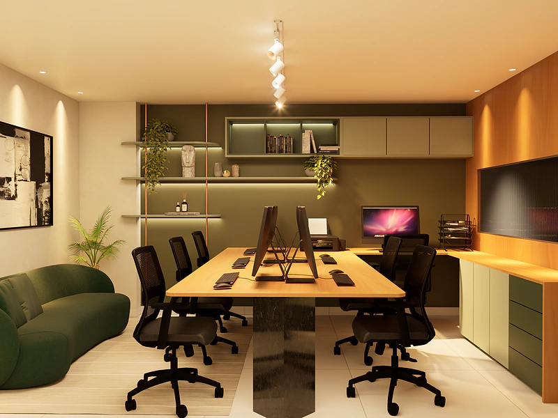 Sala de reunião com mesa ampla, marcenaria em verde-oliva e sofá curvo