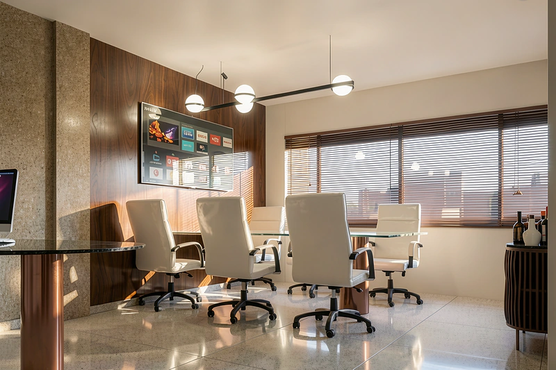 Sala de reunião com mesa de vidro, cadeiras brancas e vista para a cidade