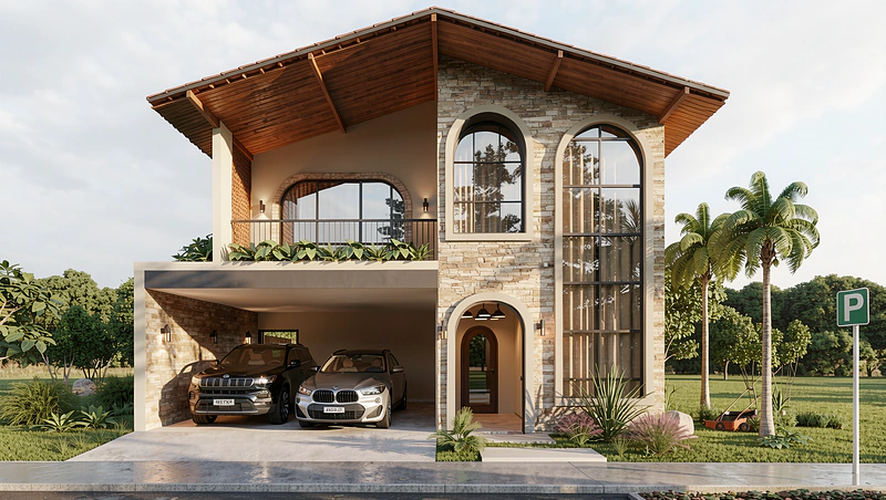 Fachada de casa de campo com telhado aparente, pedra e janelas em arco