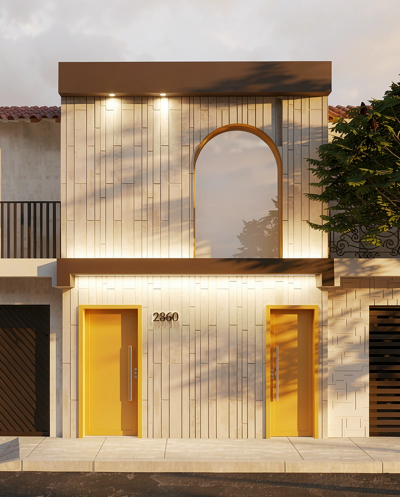 Fachada de sobrado com revestimento vertical, arco central e portas amarelas