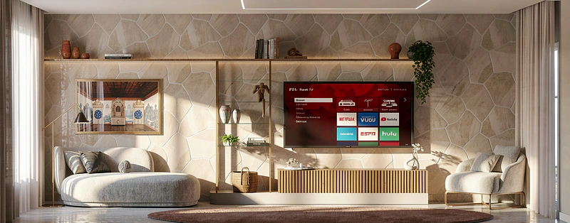 Sala íntima com parede em pedra, painel de TV e poltrona curva