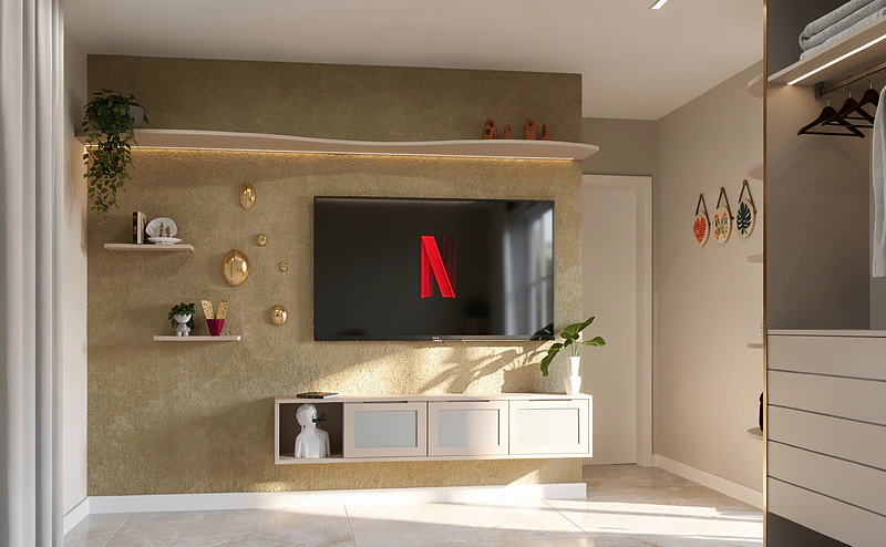 Quarto com parede texturizada em verde-oliva, painel de TV e closet integrado