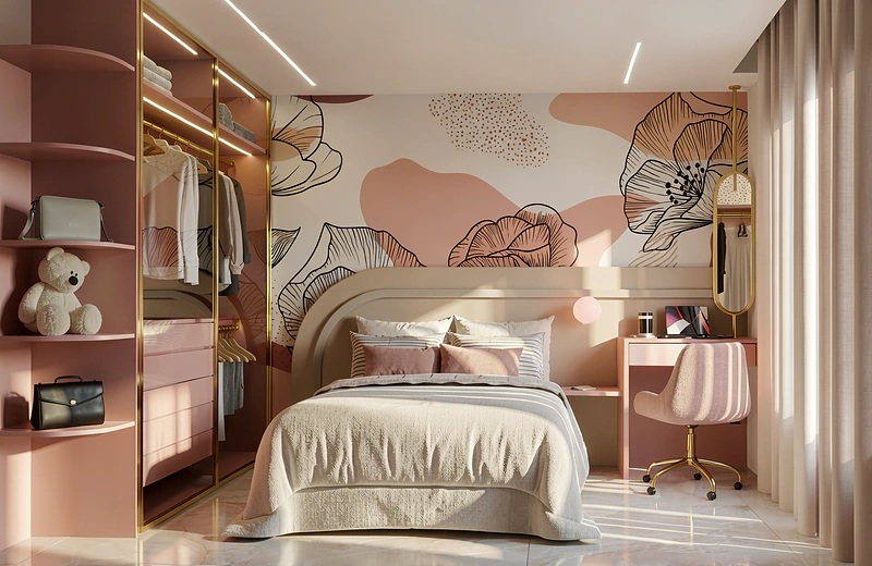 Quarto infantil em tons de rosa com marcenaria planejada e escrivaninha