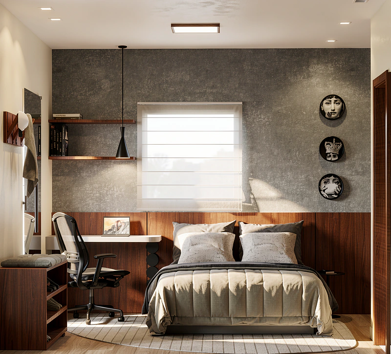 Quarto com parede em cimento queimado, marcenaria escura e escrivaninha
