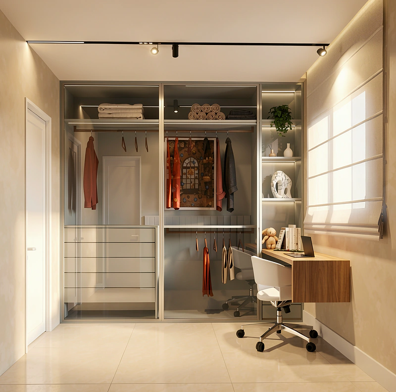 Closet planejado com portas de vidro e escrivaninha suspensa