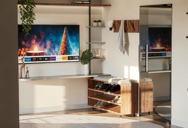 Closet aberto com sapateira, painel de TV e porta de vidro