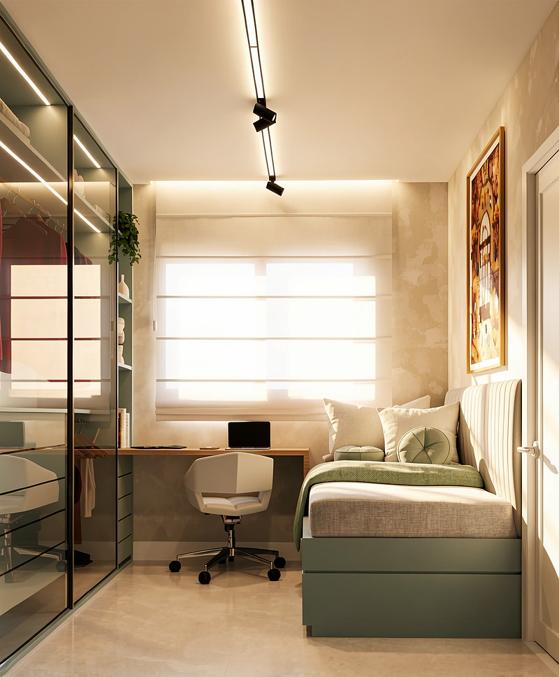 Quarto de solteiro com closet de vidro, bancada de estudos e cama baú