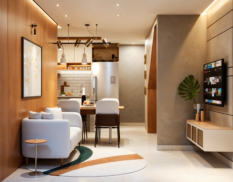 Sala de estar com painel amadeirado, poltrona clara e mesa de jantar ao fundo