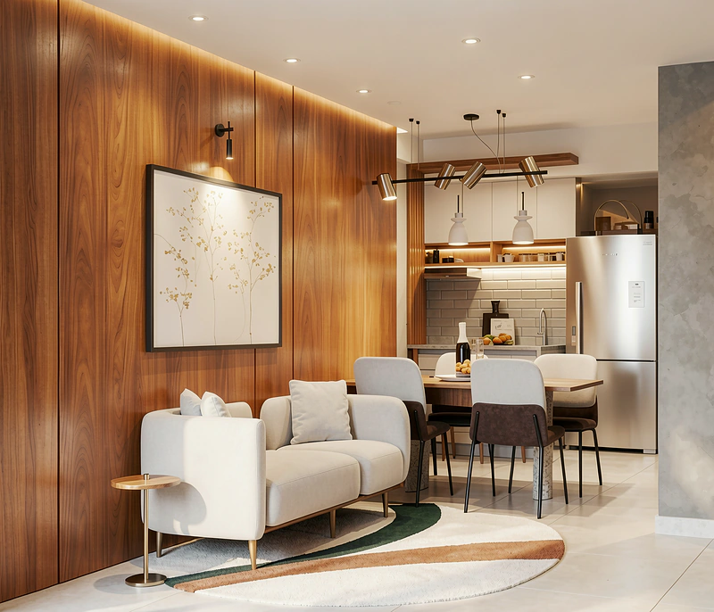 Sala integrada à cozinha com painel de madeira e mesa de refeições