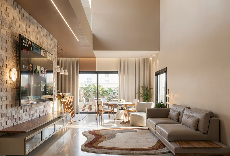 Sala de estar residencial integrada, em projeto de interiores de Luanna Taiza