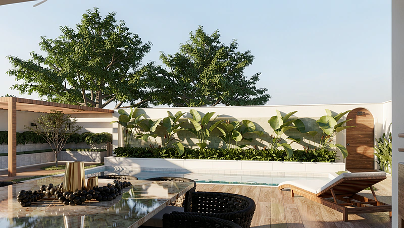 Piscina com espelho dágua, espreguiçadeira e jardim arborizado