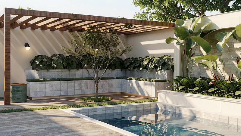 Piscina com pergolado de madeira, jardim tropical e deck